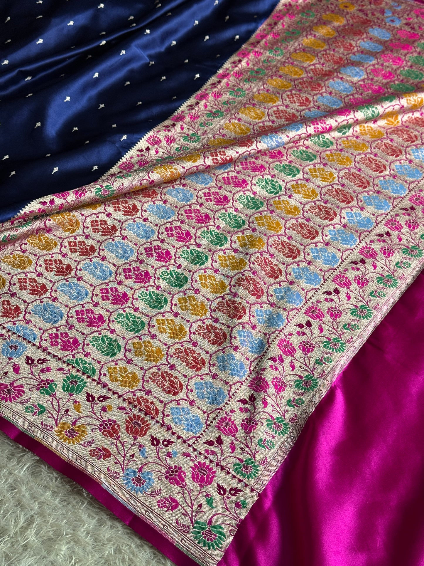 Navy with rani pink premium Banarasi tilfi Mashru katan silk saree MK264