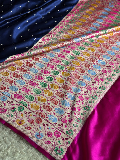 Navy with rani pink premium Banarasi tilfi Mashru katan silk saree MK264