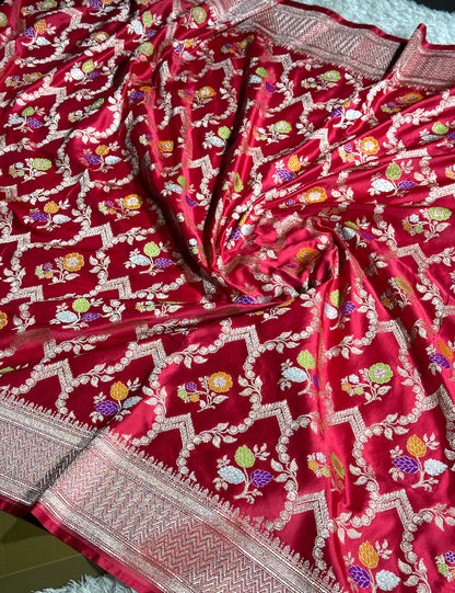 Cherry red premium Banarasi tilfi Mashru katan silk saree MK268
