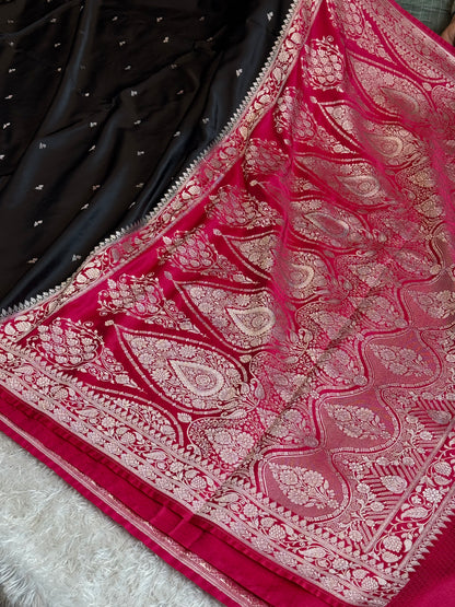 Black and cherry red premium Banarasi Mashru katan silk saree MK281