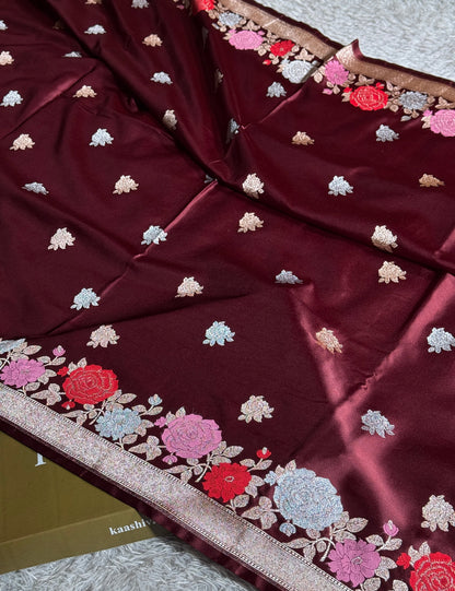 Maroon colour premium Banarasi tilfi Mashru katan silk saree MK217