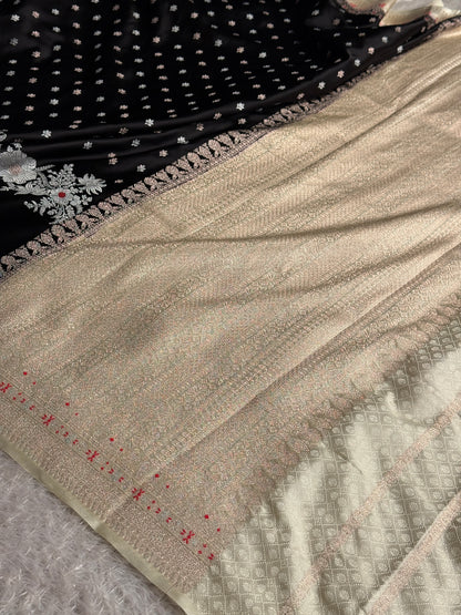 Black and cream colour premium Banarasi tilfi Mashru katan silk saree MK312