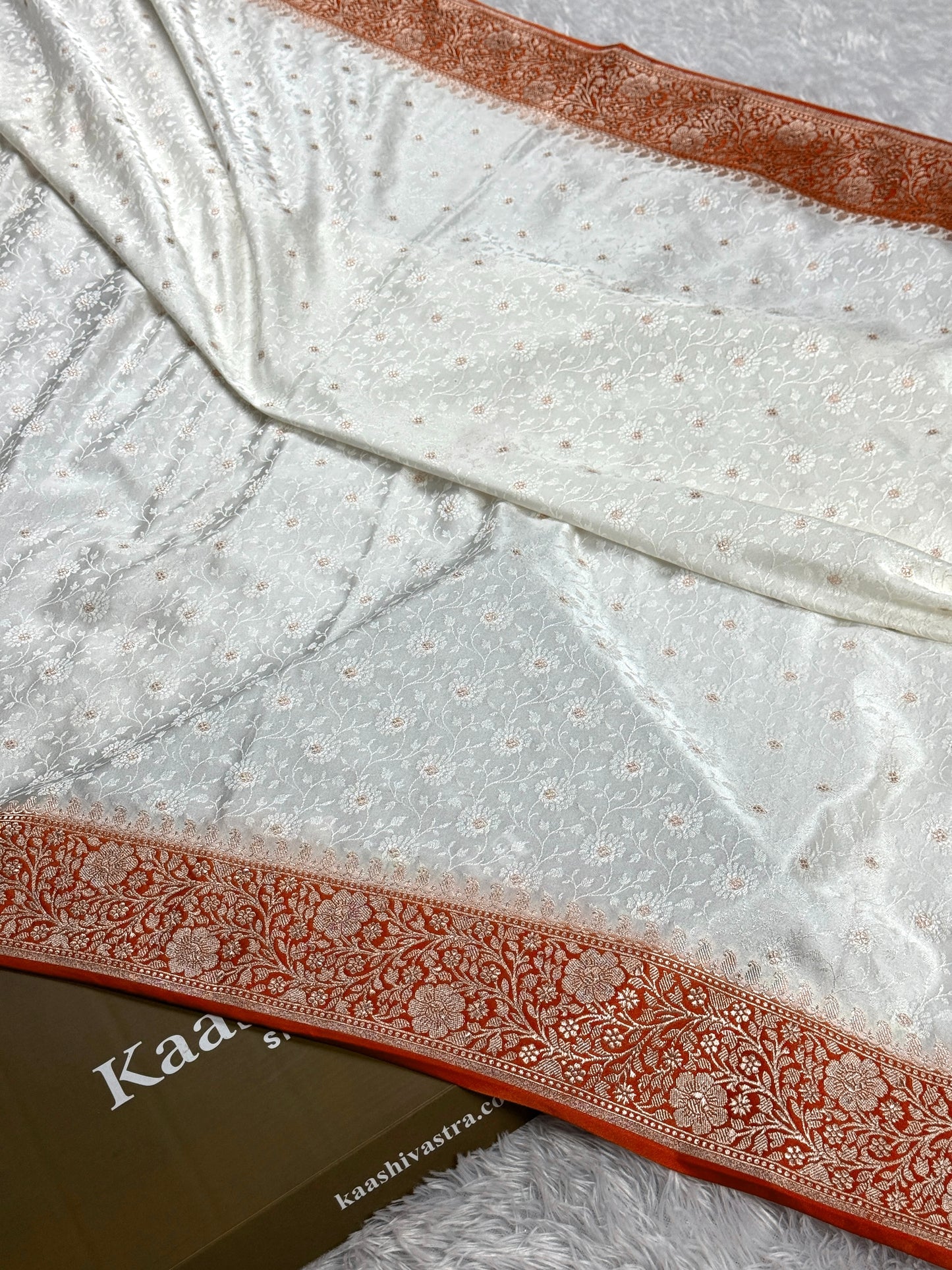 Orange with off white premium Banarasi tanchui Mashru katan silk saree MK248