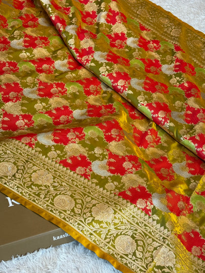 Green rangkat premium Banarasi Mashru katan silk saree MK256
