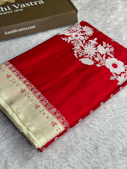 Red and off white colour premium Banarasi Mashru katan silk saree MK312