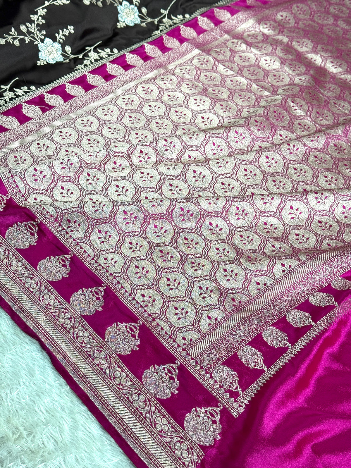 Hot pink coffee brown premium Banarasi Mashru katan silk saree MK258