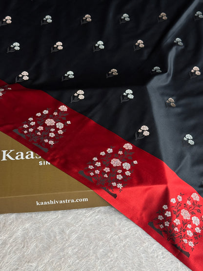 Black and red colour premium Banarasi Mashru katan silk saree MK323