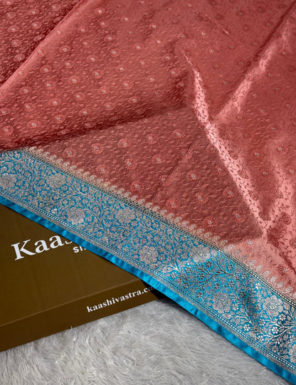 Peach and sky blue color premium Banarasi Mashru katan silk saree MK248