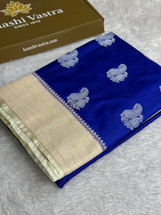 Royal blue with off white colour premium Banarasi Mashru katan silk saree MK320
