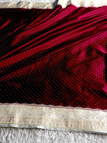 Maroon with off white colour premium Banarasi Mashru katan silk saree MK355