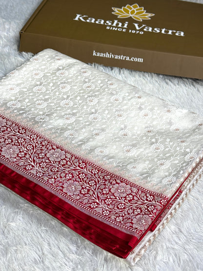 Red and off white luxury premium Banarasi Mashru katan silk saree MK248