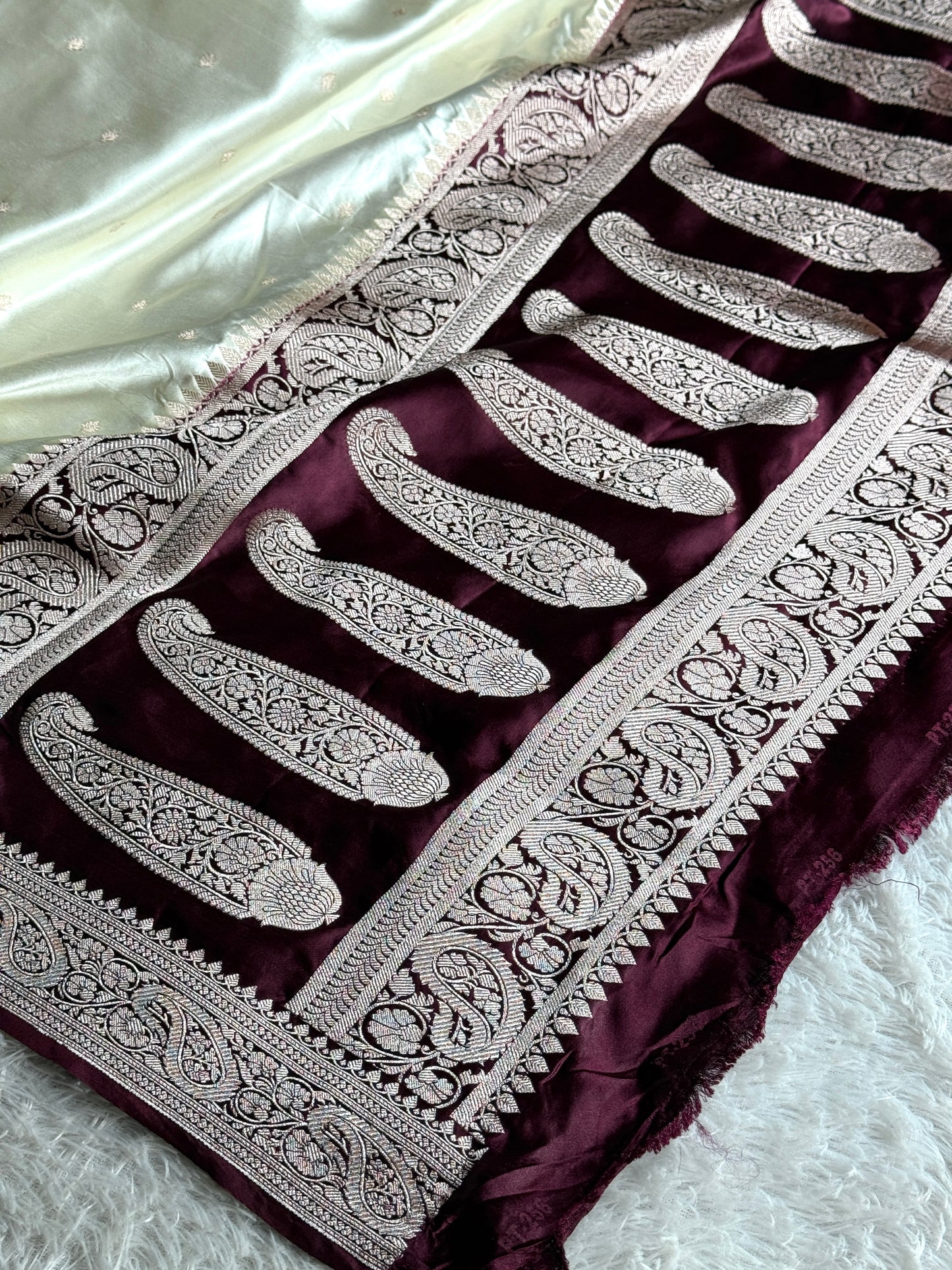 Off white with brown colour premium Banarasi Mashru katan silk saree MK287