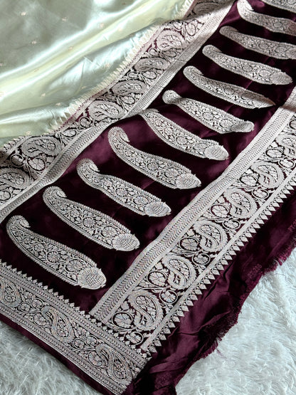 Off white with brown colour premium Banarasi Mashru katan silk saree MK287