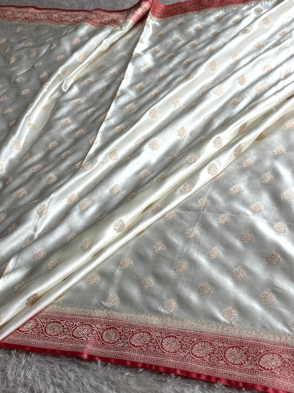 Off white with peach colour premium Banarasi Mashru katan silk saree MK290