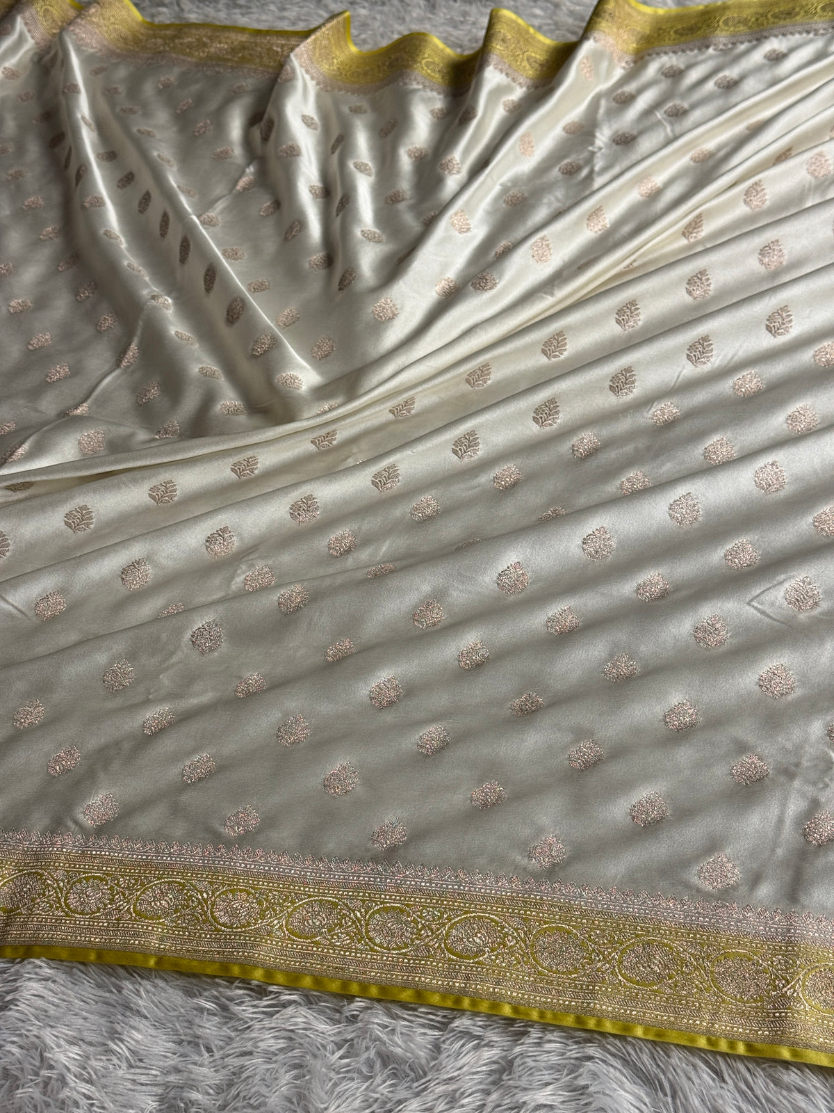 Lemon with off white colour premium Banarasi Mashru silk saree MK290