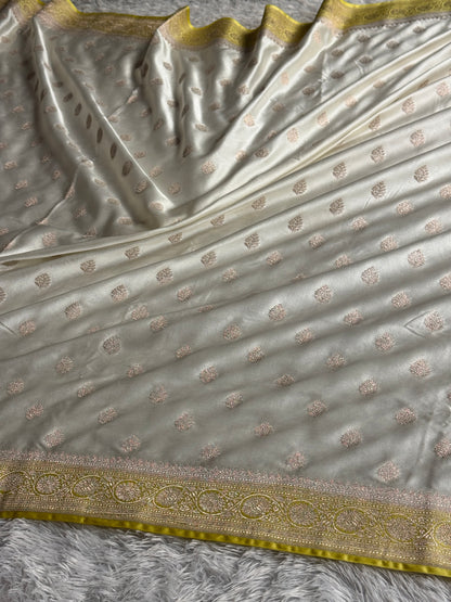 Lemon with off white colour premium Banarasi Mashru silk saree MK290