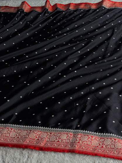 Premium Banarasi red with black colour premium Mashru katan silk saree MK356