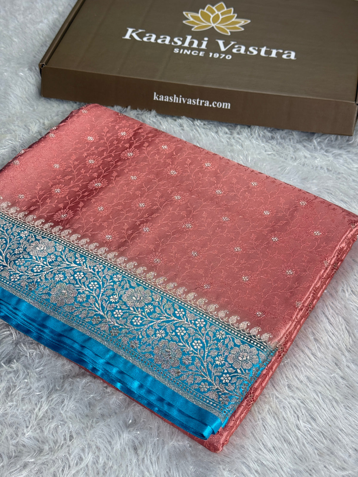 Peach and sky blue color premium Banarasi Mashru katan silk saree MK248
