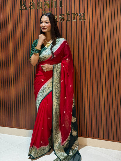 Red with bottle green colour premium Banarasi pure khaddi chiffon silk saree KC102